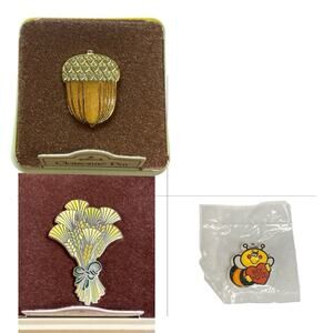 Vintage Hallmark Cloisonne Pin Lot Acorn Wheat and Valentine Bee Brooch
